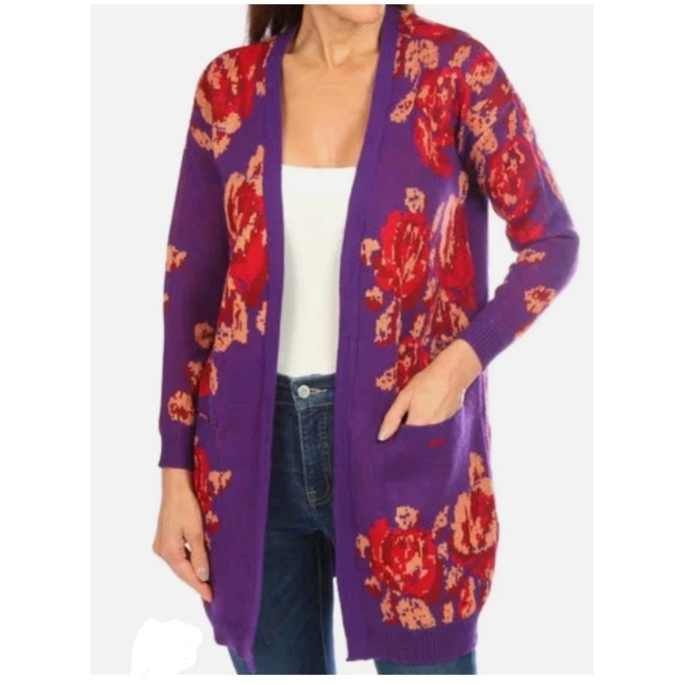Bunulu Women's Purple & Red Floral Open Front Cardigan Sweater LG